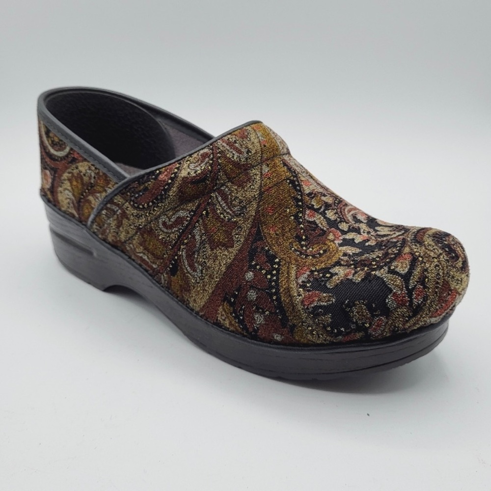 Dansko Vegan Paisley Velvet with Embellished Gold Glitter Clog Size 38